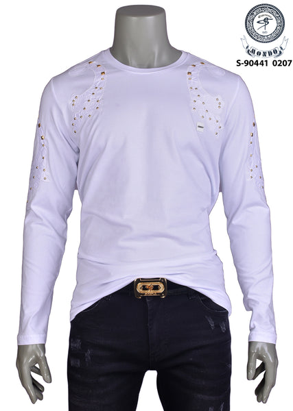 white and gold long sleeve shirt